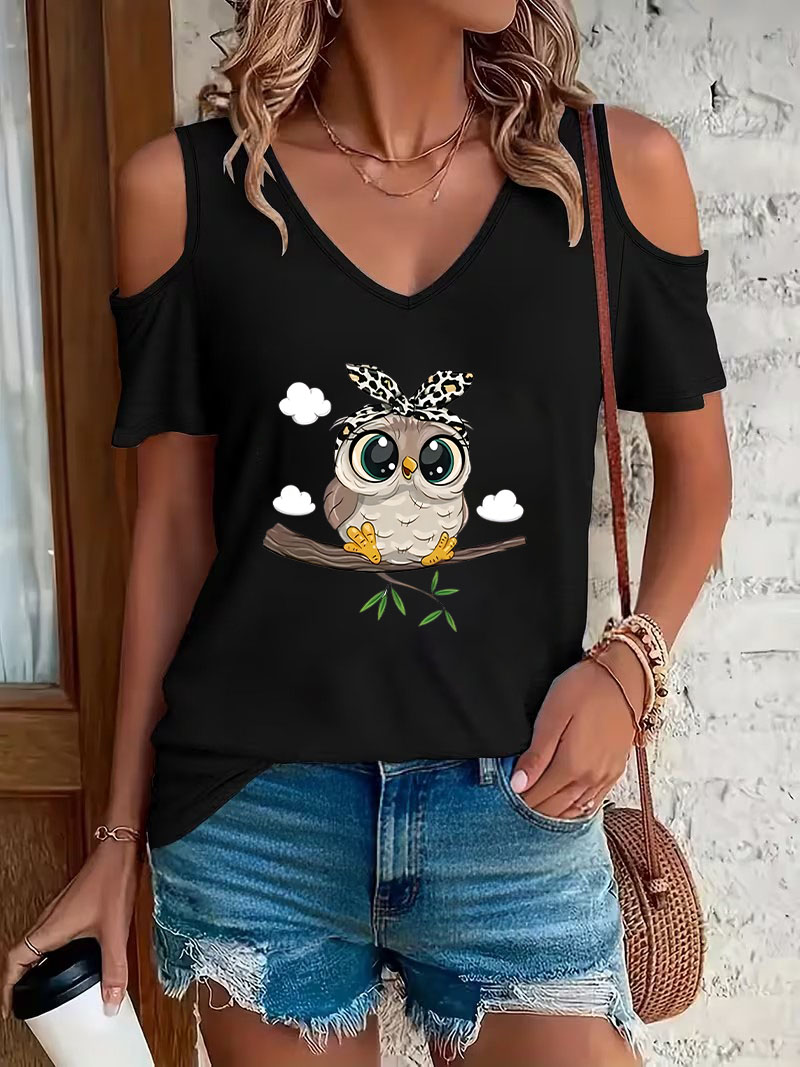 Trendy Cartoon Owl Print Off-S - Summer Clothing Drop ulasan dan harga