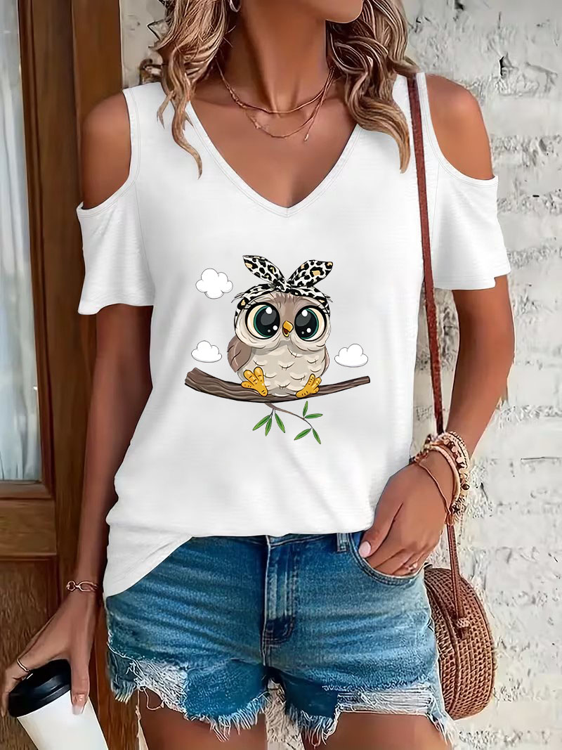 Trendy Cartoon Owl Print Off-S - Summer Clothing Drop ulasan dan harga